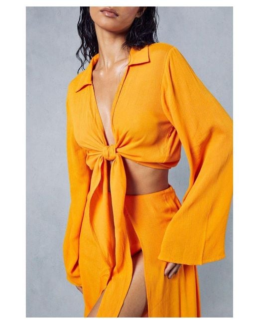 MissPap Orange Crinkle Sheer Plunge Tie Front Shirt