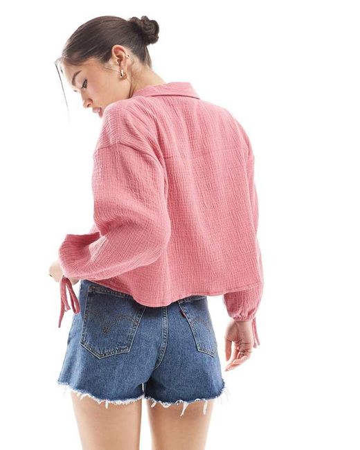 ASOS Pink Cropped Textured Cotton Shirt