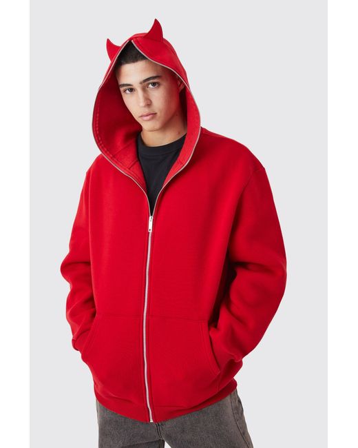 BoohooMAN Red Oversized Devil Horn Hoodie for men