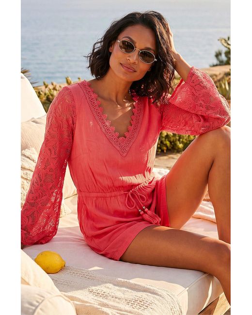 D.u.s.k Red Crochet Sleeve Playsuit