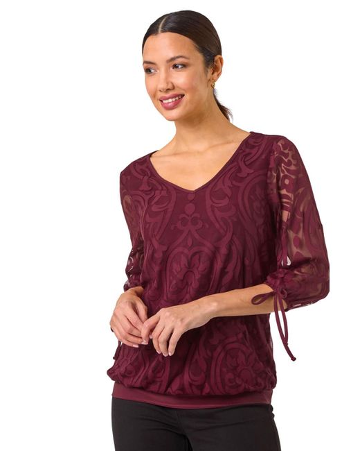 Roman Red Burnout Print V-Neck Overlay Mesh Top