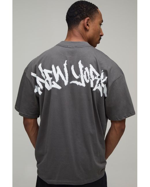 BoohooMAN Gray Oversized New York Graffiti Scale Print T-Shirt Cotton for men