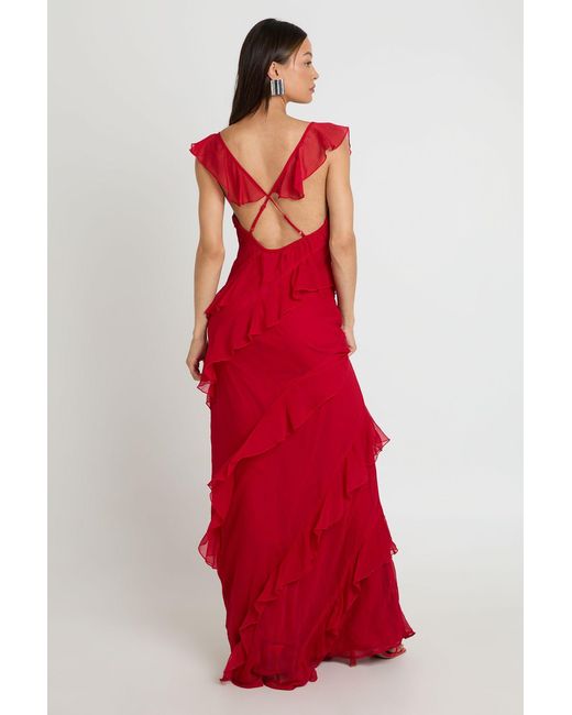 Boohoo Red Tall Chiffon Ruffle Floor Sweeping Maxi Dress