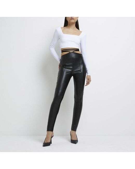 River Island White Skinny Trousers Black Faux Leather Strap Viscose