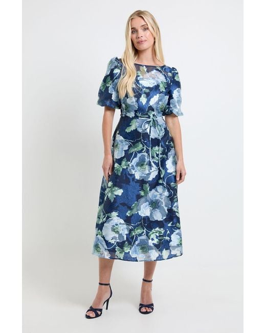 Wallis Blue Petite Floral Organza Puff Sleeve Midi Dress