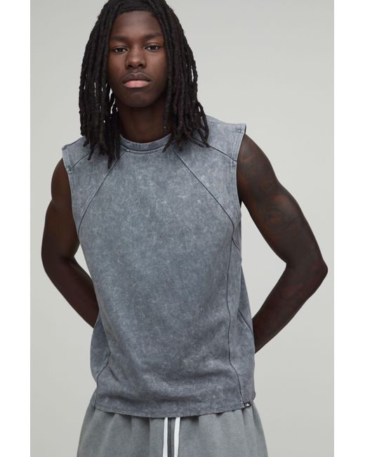 BoohooMAN Gray Boxy Seam Detail Washed Premium Interlock Tank for men