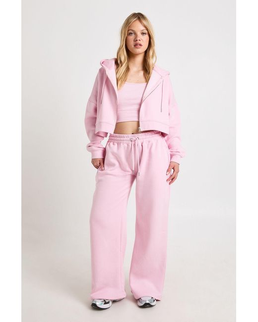 Boohoo Pink Petite Deep Hem Crop Top 3 Piece Hooded Tracksuit