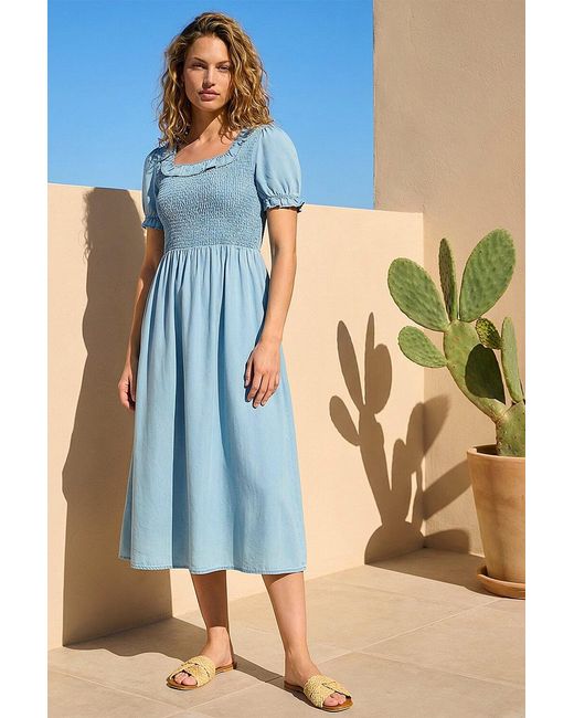 Roman Blue Shirred Frill Midi Dress