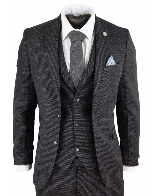 TruClothing Black 3 Piece Herringbone Tweed Suit Wool Blend for men