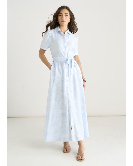 Gini London White Cotton Mix Tile Print Button Through Maxi Shirt Dress
