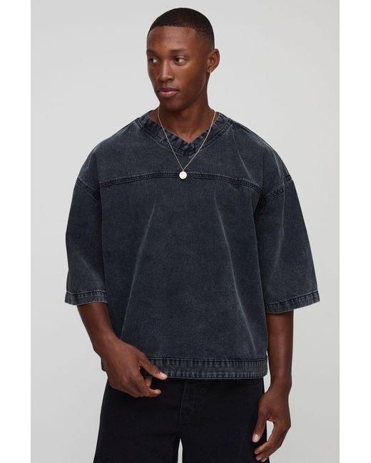 BoohooMAN Blue Oversized Boxy V Neck Denim Hockey T-Shirt for men
