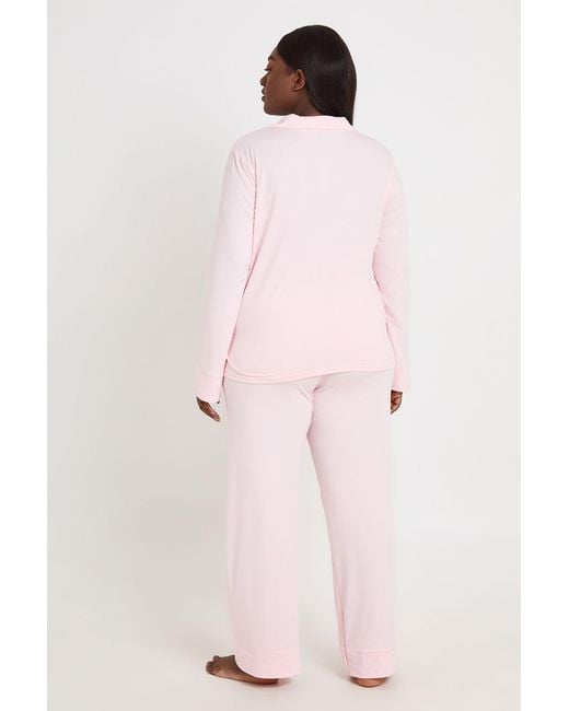 Boohoo Pink Plus Soft Touch Button Through Shirt And Trouser Pyjama Set
