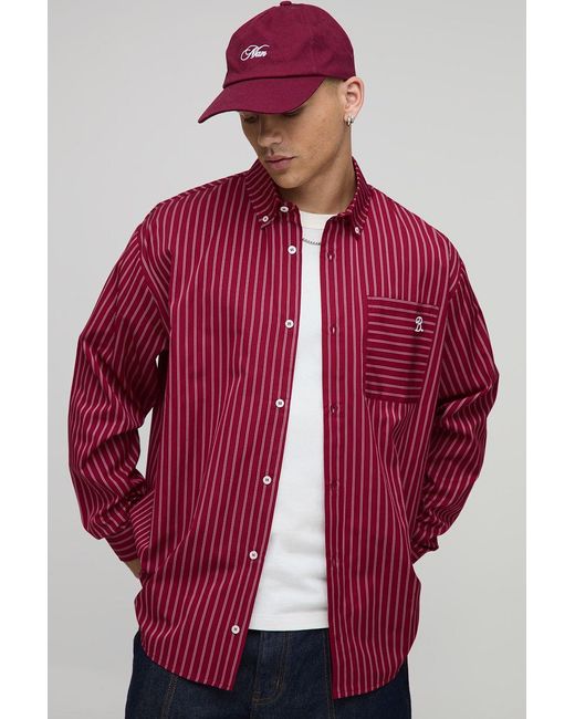 BoohooMAN Red Oversized Long Sleeve Striped Curved Hem Shirt for men