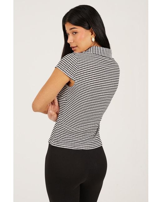 Brave Soul Gray Short Sleeve Gingham Collared Top