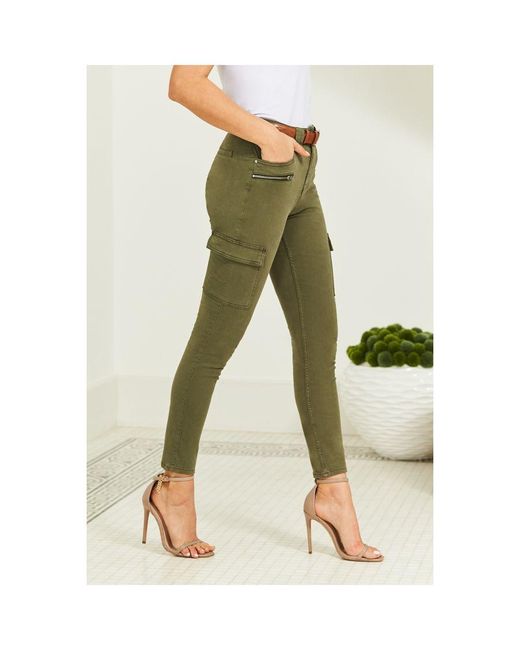 Sosandar Green Khaki Zip Detail Cargo Skinny Jeans Cotton