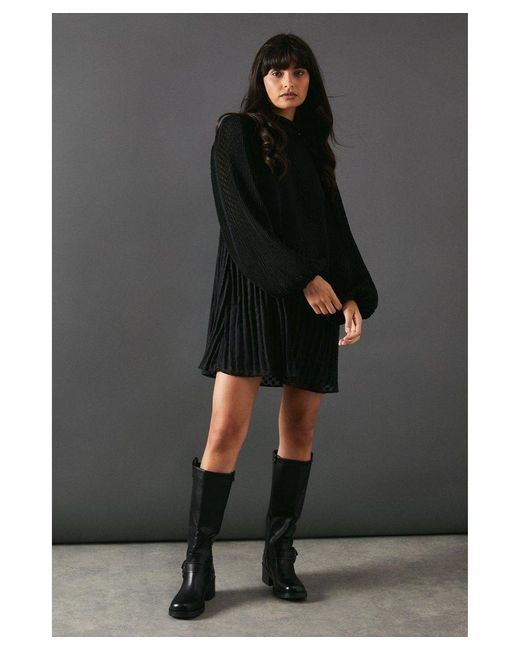 Warehouse Black Burnout Spot Pleat High Neck Mini Swing Dress