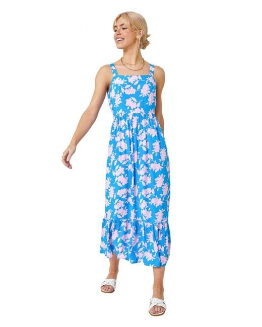 D.u.s.k Blue Sleeveless Floral Tiered Midi Dress