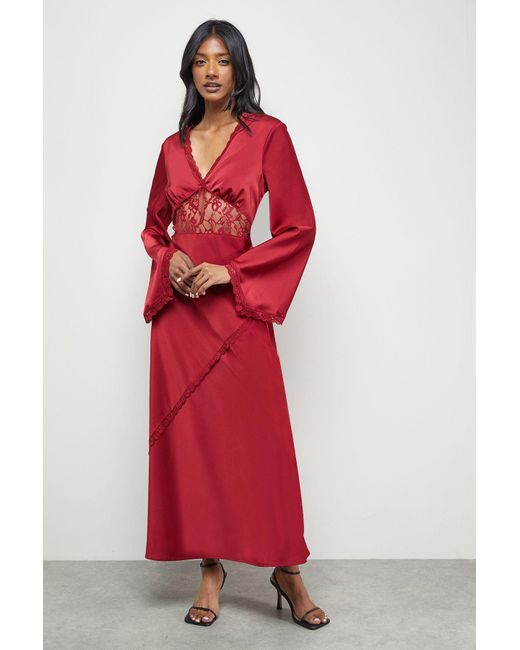 Oasis Satin Lace Insert Flute Sleeve Midi Dress in Red | Lyst UK