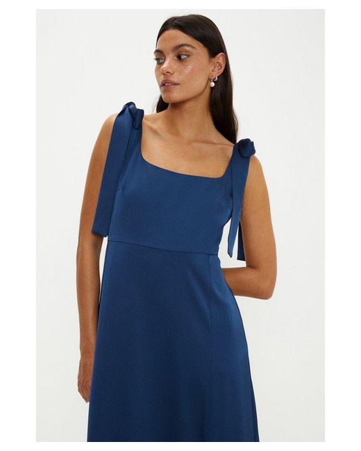 Oasis Blue Satin Tie Shoulder Midi Bridesmaids Dress