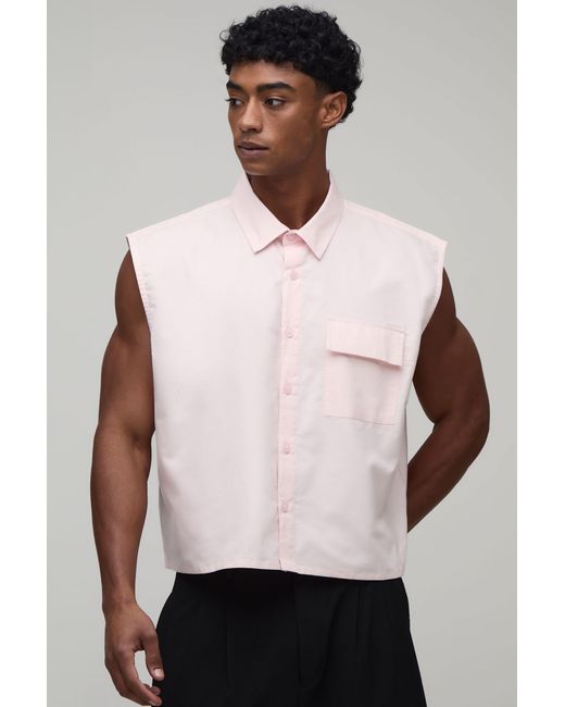 BoohooMAN Natural Oversized Boxy Extreme Crop Sleeveless Oxford Shirt for men