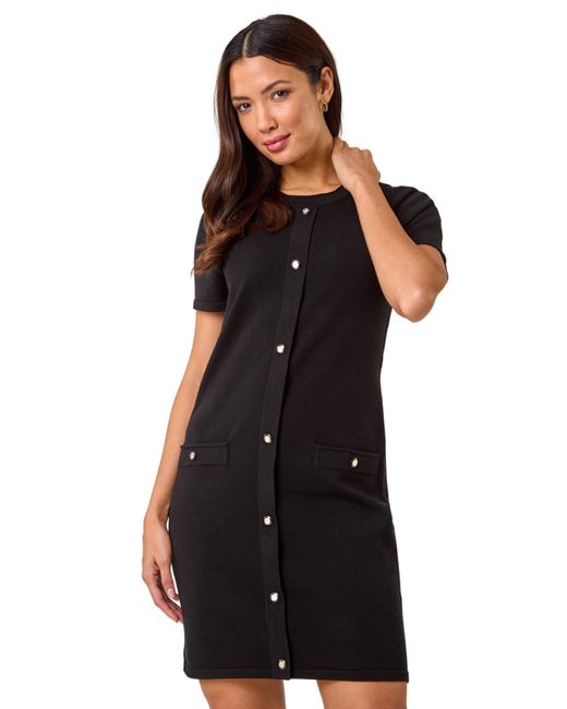 Roman Black Knitted Button Detail A-Line Dress