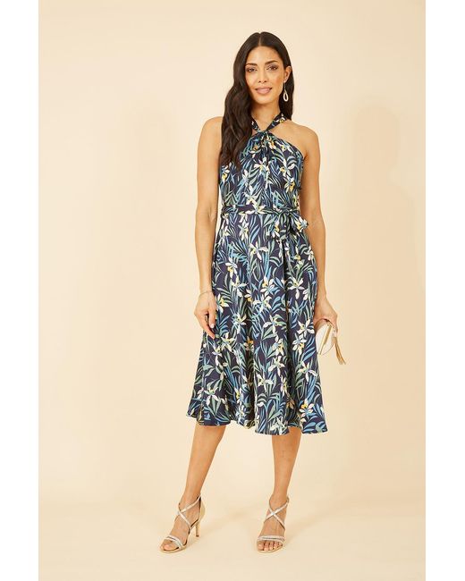 Yumi' Blue Tropical Print Satin Cross Neck Midi Dress