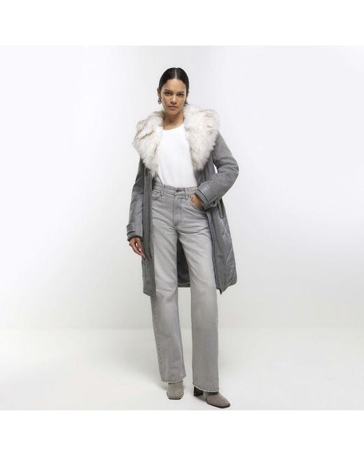 River Island White Jacket Faux Fur Collar Belted
