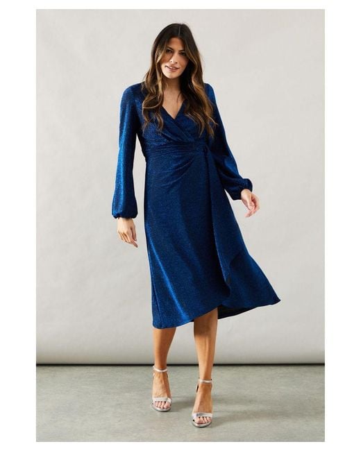 Wallis Blue Occasion Glitter Jersey Ruffle Midi Dress