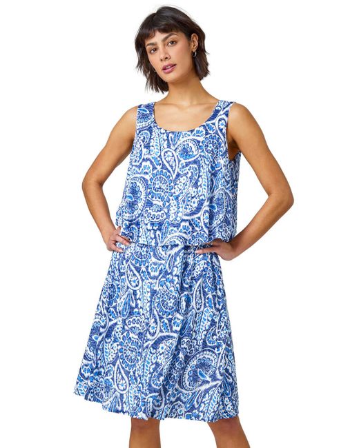 Roman Blue Sleeveless Paisley Print Overlay Dress