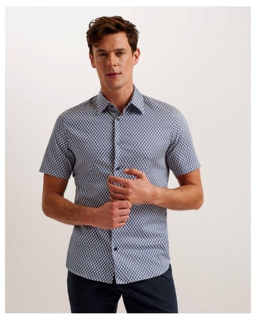 Ted Baker Blue Lacesho Short Sleeve Geometric Print Shirt for men