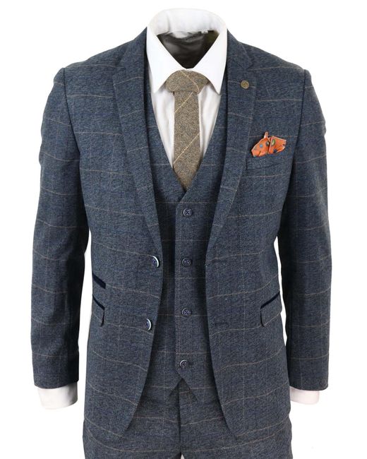 Infinity Leather Blue 3 Piece Tweed Check Vintage Suit for men