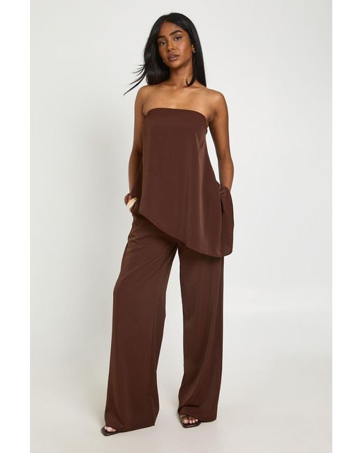 Boohoo Brown Asymmetric Bandeau And Wide Leg Trouser Co-Ord