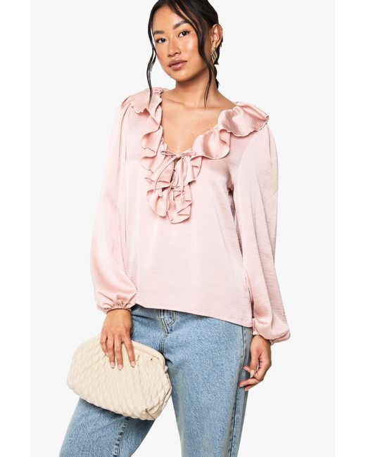 Boohoo Pink Hammered Satin Ruffle Blouse