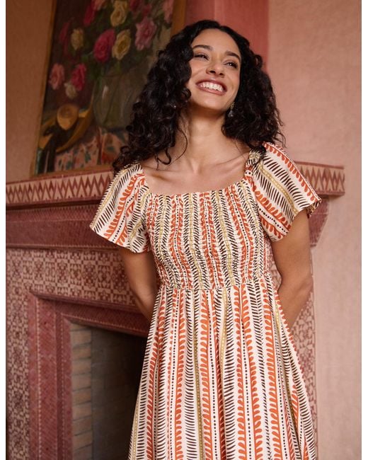 Blue Vanilla Brown Short Sleeve Shirred Waist Abstract Print Dress
