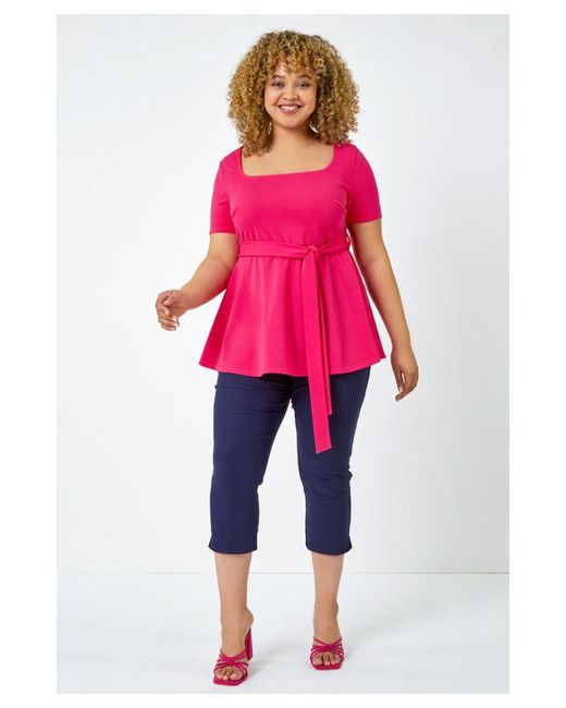Roman Curve Pink Stretch Belted Peplum Top