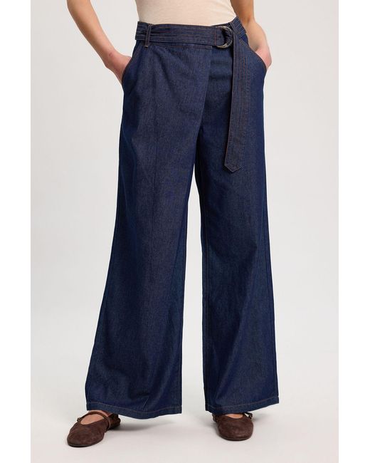Karen Millen Blue Denim Belted Wide Leg Trouser