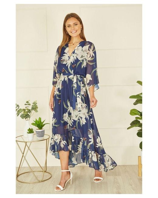 Yumi' Blue Floral Print Kimono Midi Wrap Dress