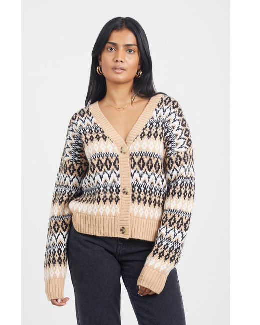 Brave Soul Natural Button Through V-Neck Fairisle Cardigan