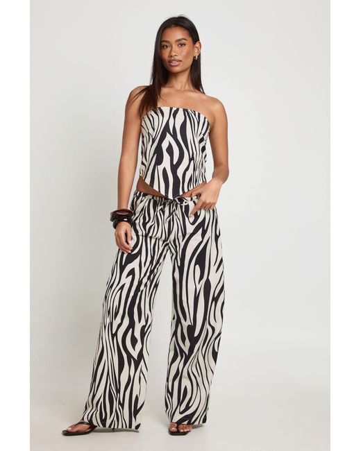 Boohoo White Zebra Linen Look Wide Leg Trousers