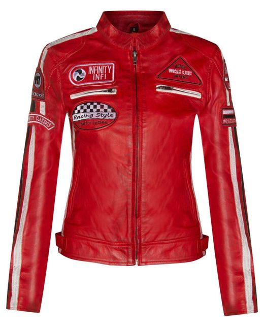 Infinity Leather Red Biker Racing Badges Jacket-Agadir