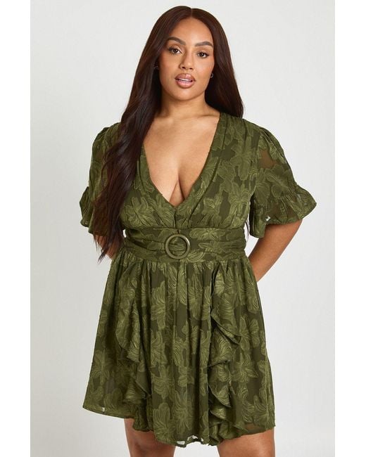 Boohoo Green Plus Burnout Floral Long Sleeve Skater Dress