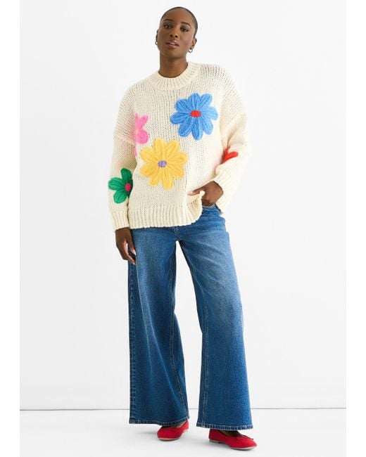 Gini London Blue Cremfarbener Floraler Häkel-Chunky-Strick Oversized-Pullover