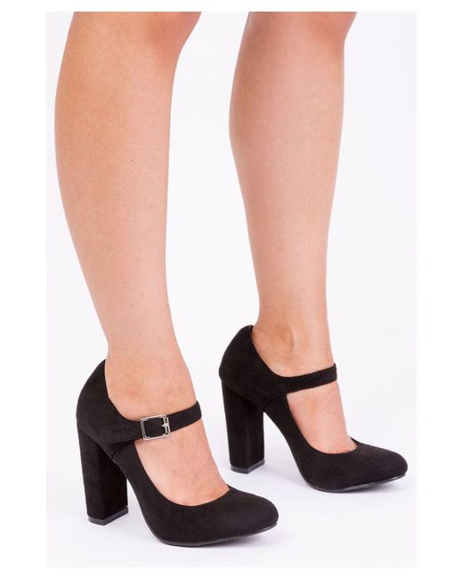 Where's That From Black Michelle Block High Heel Pump With Front Buckle Strap