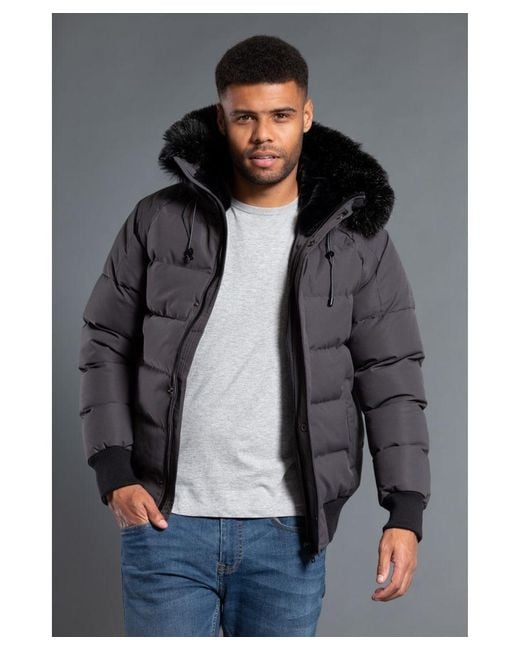 Nines Gray Short Padded Parka Jacket With Faux Fur Hood for men