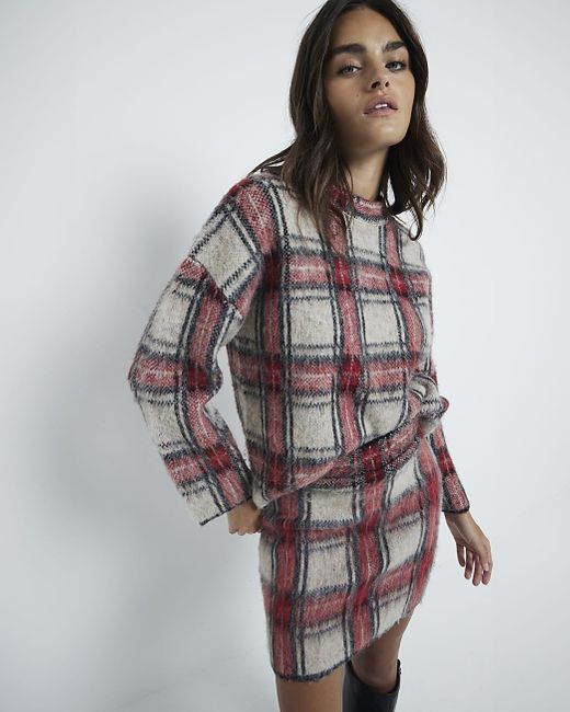 River Island Red Jumper Hairy Tartan