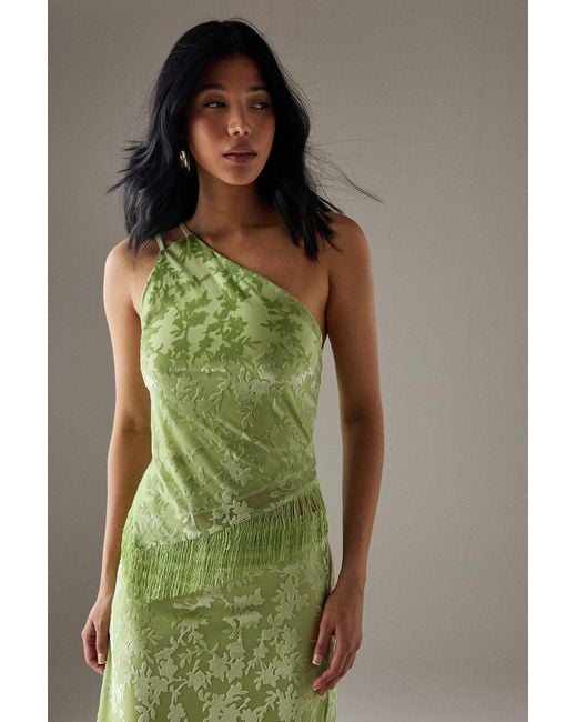 Warehouse Green Devore One Shoulder Fringe Cami Top