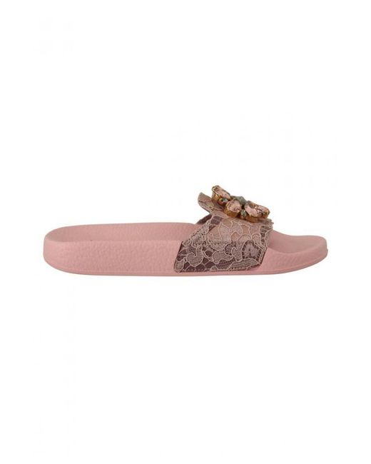 Dolce & Gabbana Pink Lace Crystal Sandals Slides Beach Shoes Cotton