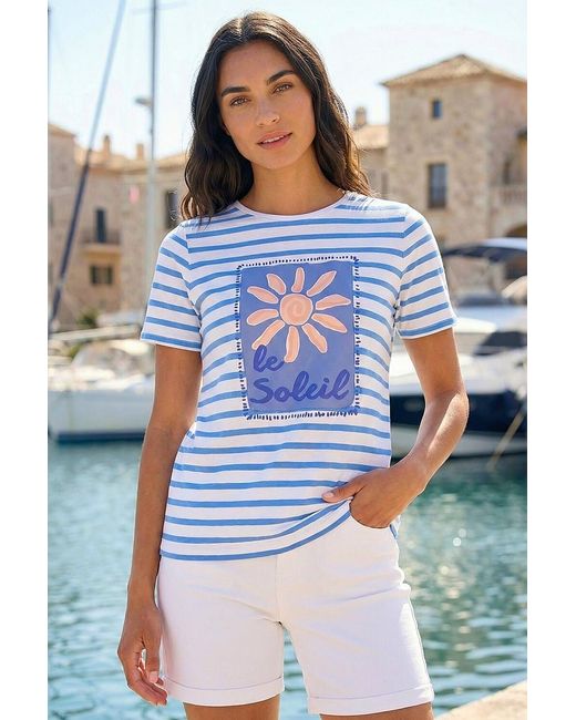 Roman Blue Motif Stripe Print Cotton Top