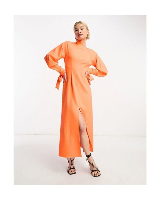 ASOS Orange High Neck Midi Dress With Split Front And Tie Sleeves