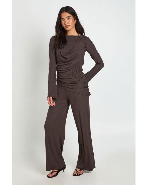 Boohoo Blue Rib Double Layer Long Sleeve Asymmetric Top